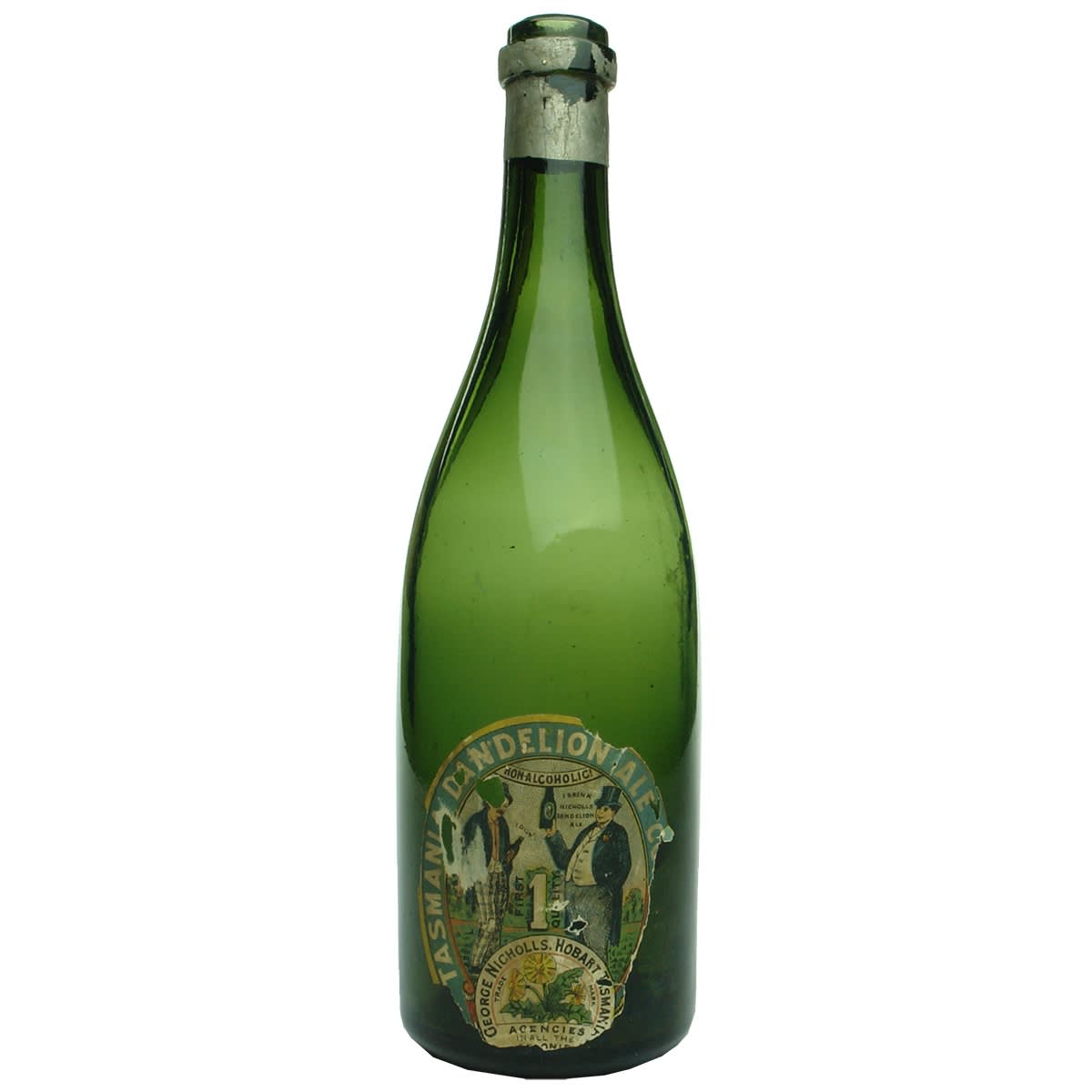 Beer/Dandelion Ale. Plain ring seal. Tasmanian Dandelion Ale Company. George Nicholls Hobart. Colourful pictorial label.