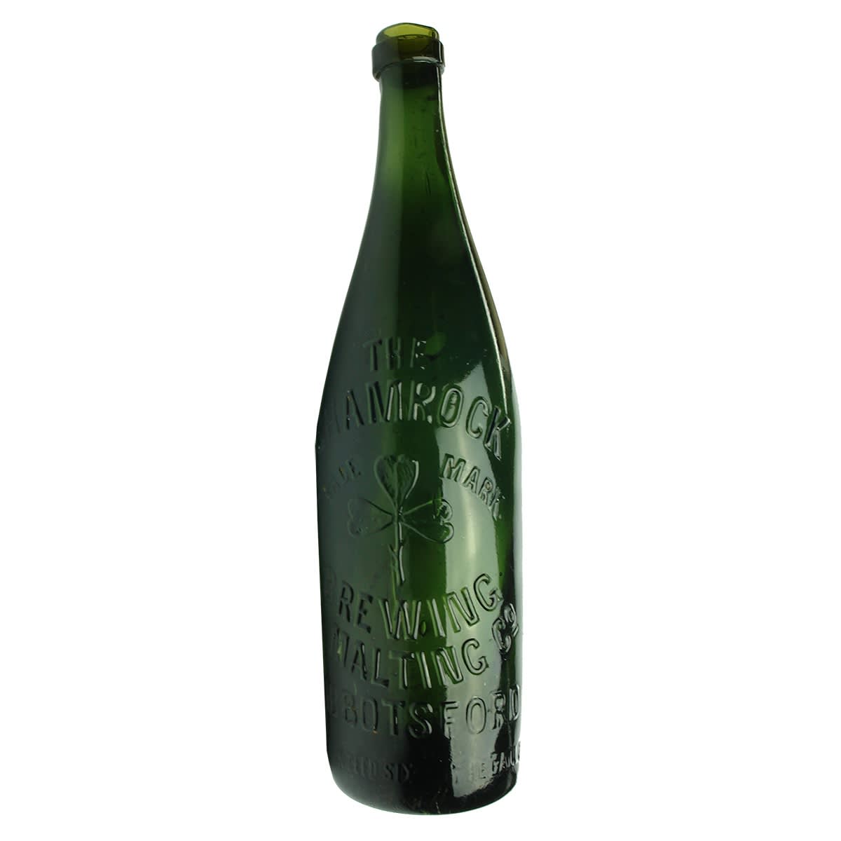 Beer. Shamrock Brewing & Malting Co, Abbotsford. Ring Seal. Green. 26 oz. Repaired. (Victoria)