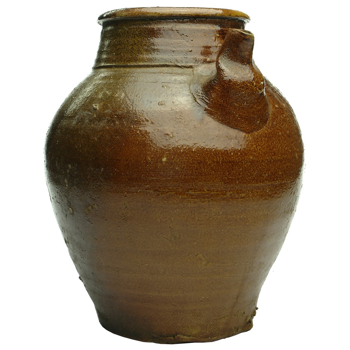 Large Chinese type jar with pouring spout. Brown Glaze.