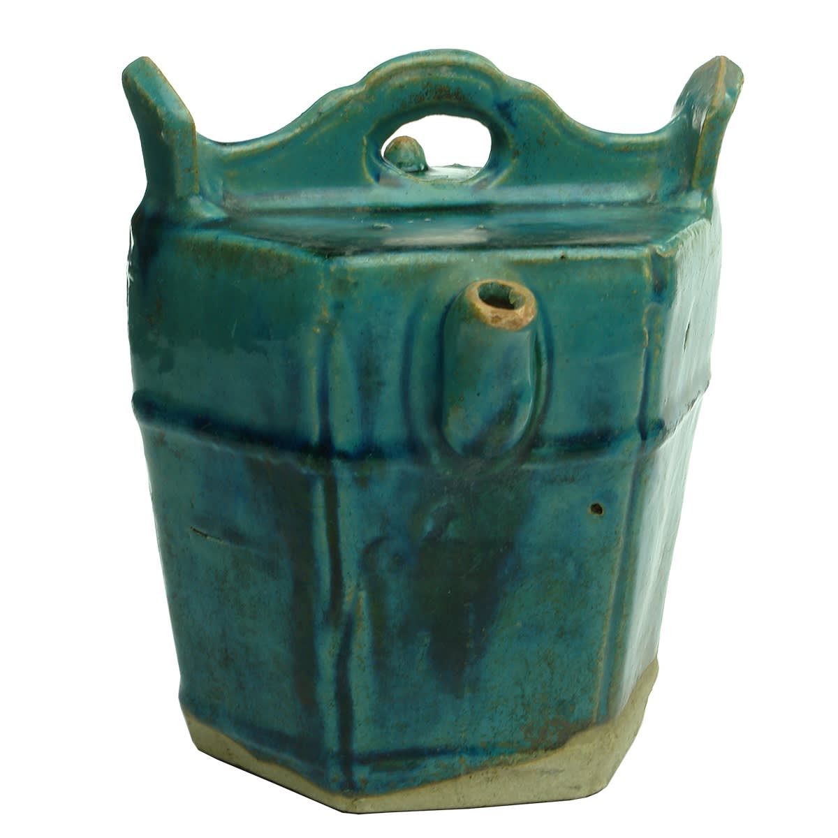 Chinese. Hexagonal green / jade coloured Chinese Teapot.