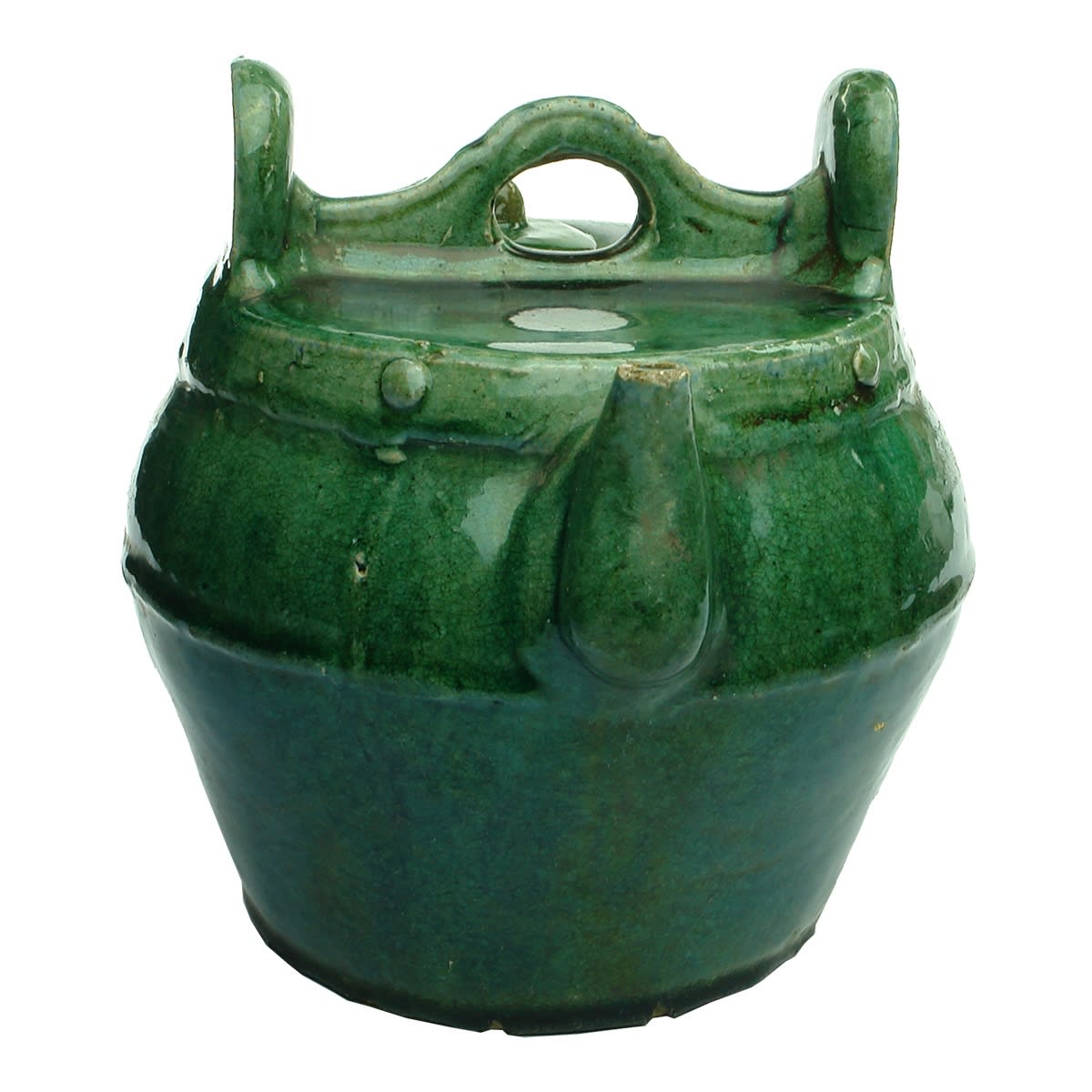 Chinese. Large round green / jade coloured Chinese Teapot with Studs.