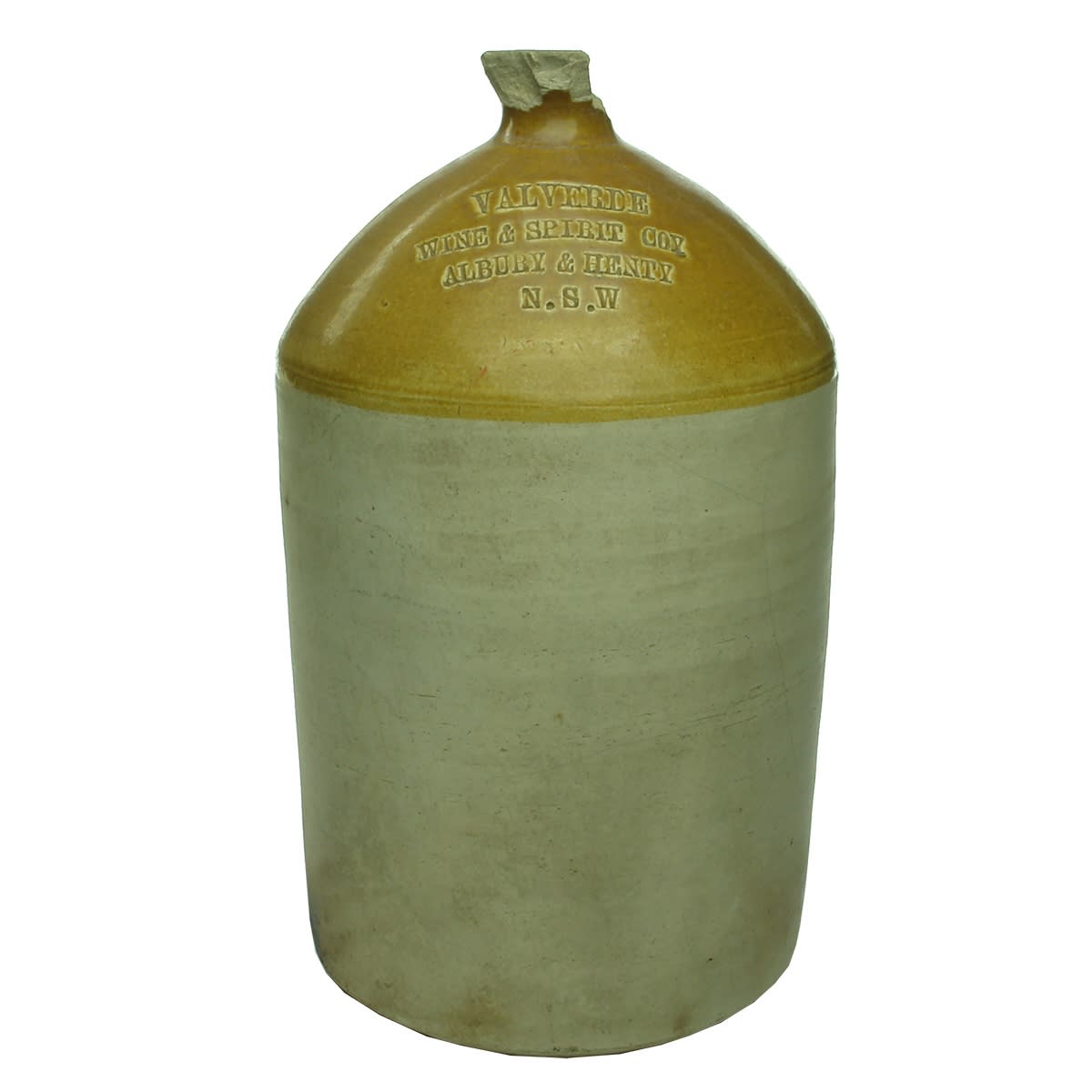 Demijohn. Valverde Wine & Spirit Coy, Albury & Henty, N. S. W. Tan Top. Impressed. 2 Gallon (New South Wales)