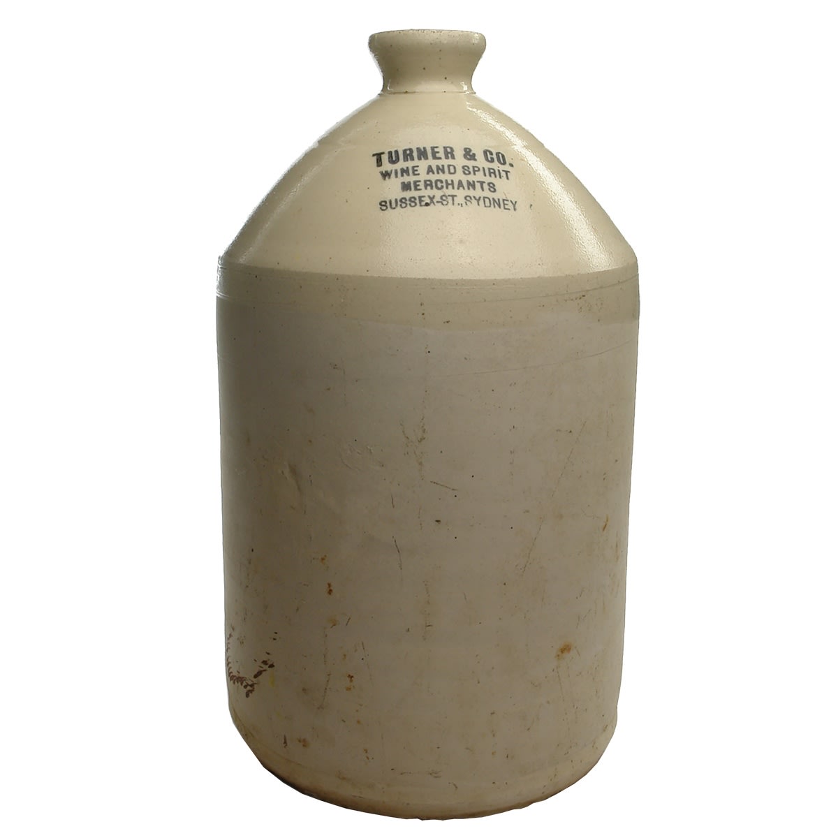 Demijohn. Turner & Co, Wine & Spirit Merchants, Sussex St., Sydney. No potters marks. 2 Gallon. (New South Wales)