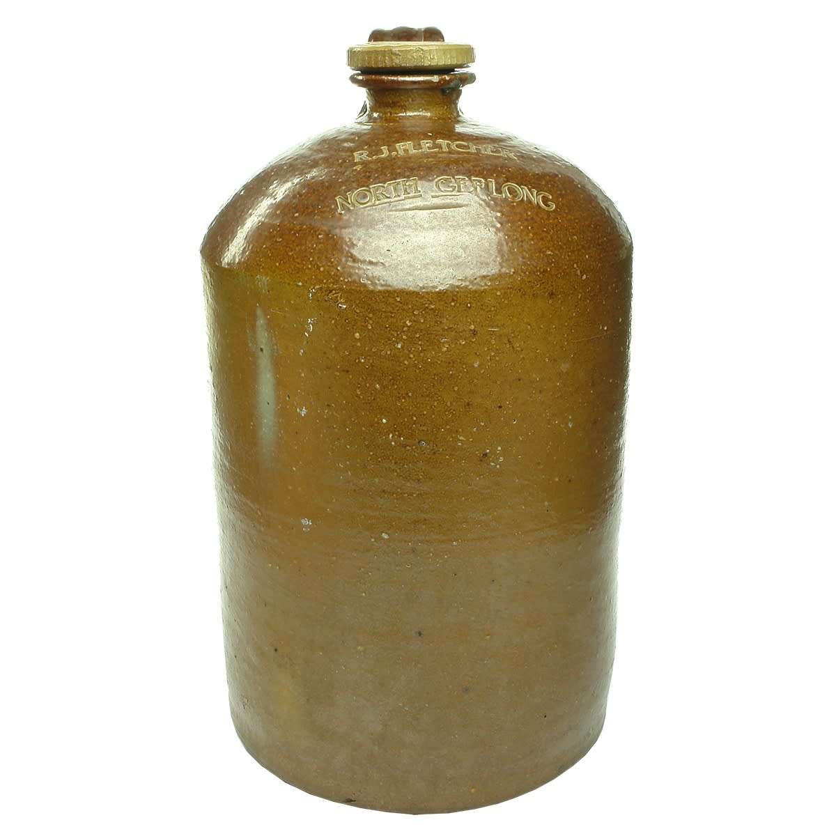 Demijohn. R. J. Fletcher, North Geelong. Salt Glazed. Internal Thread. Bendigo Pottery. (Victoria)