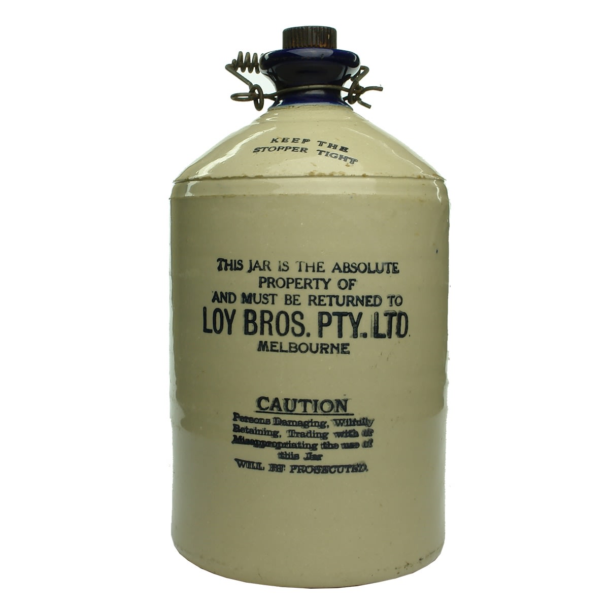 Demijohn. Loy Bros. Pty. Ltd., Melbourne. Blue Lip. Printed. 1 Gallon. (Victoria)