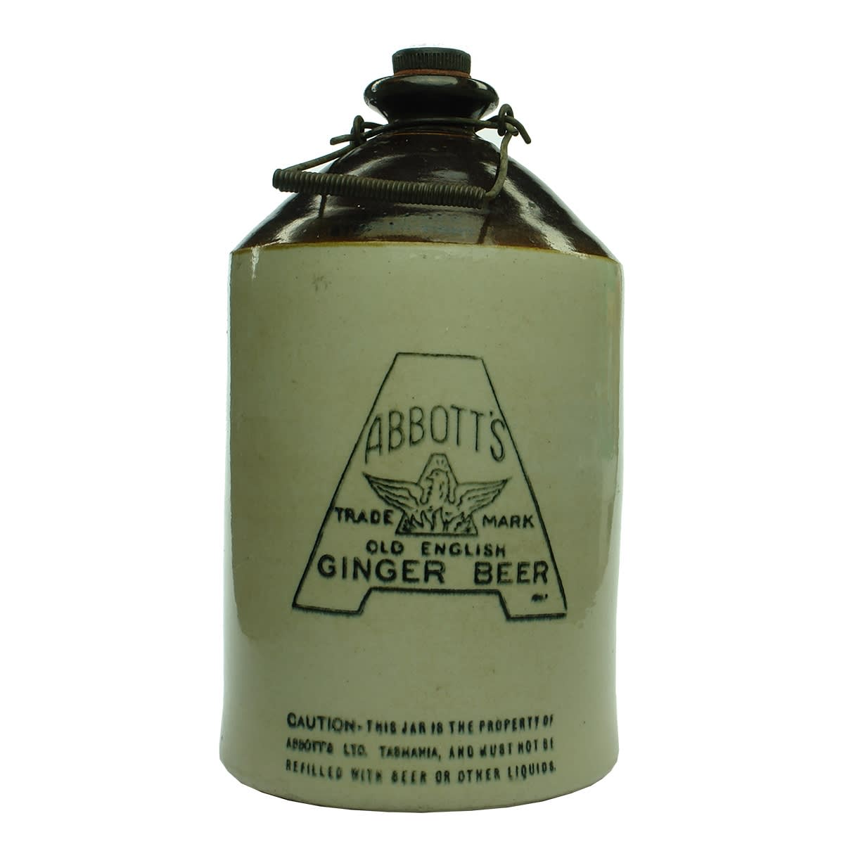 Demijohn. Abbott's Old English Ginger Beer. Chocolate Top. 1 Gallon. (Tasmania)