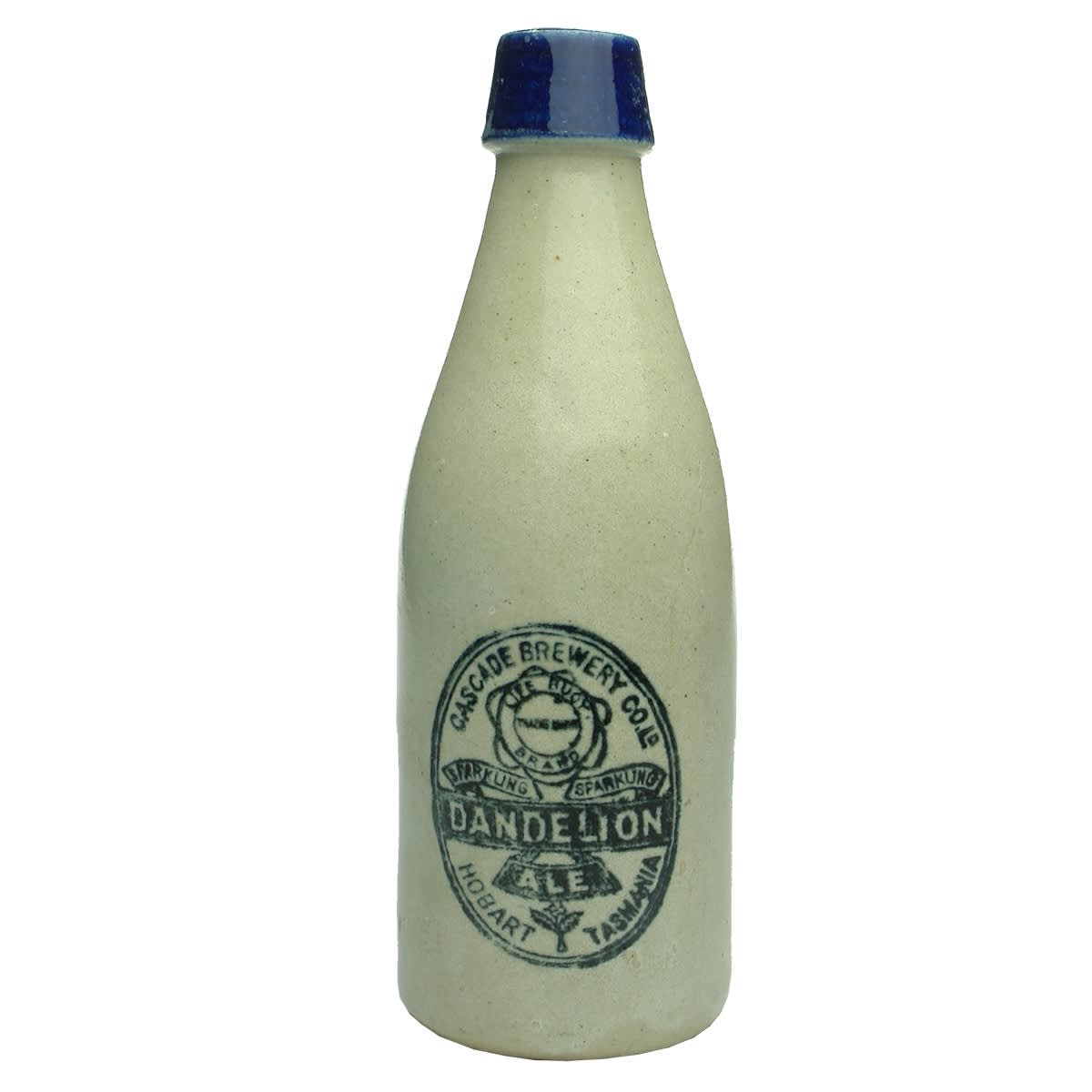 Ginger Beer. Cascade Brewery Co Ld, Hobart. Dandelion Ale. Champagne. Blue Lip. Bendigo Pottery. (Tasmania)