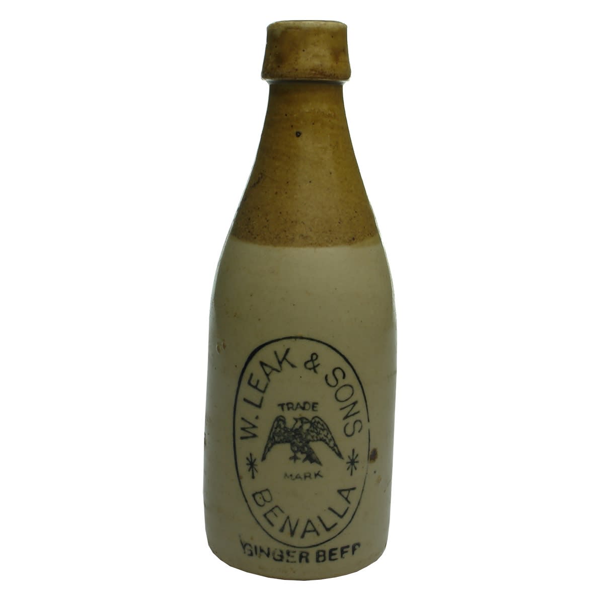 Ginger Beer. W. Leak & Sons, Benalla. Eagle. Ginger Beer below main stamp. Champagne. Tan Top. (Victoria)