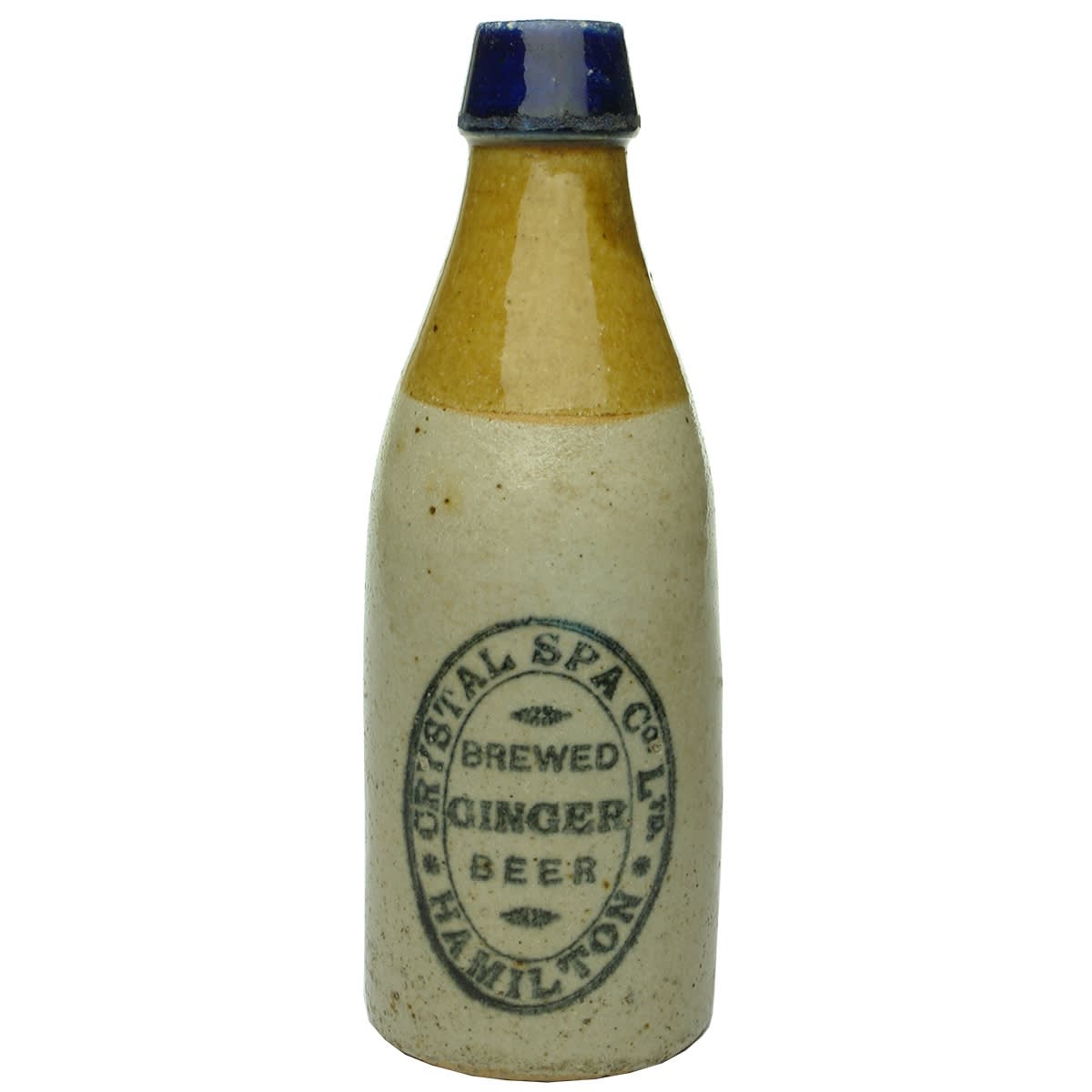 Ginger Beer. Crystal Spa Co Ltd. Hamilton. Blue top tri-colour. Bendigo Pottery. (Victoria)