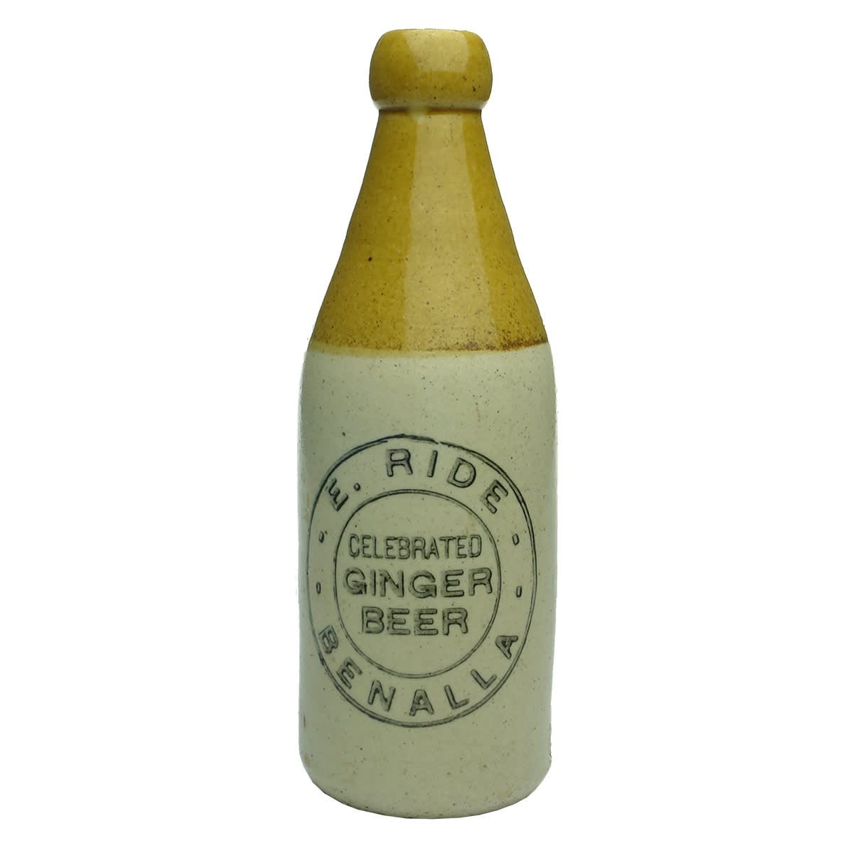 Ginger Beer. E. Ride, Celebrated, Benalla. Blob top. (Victoria)