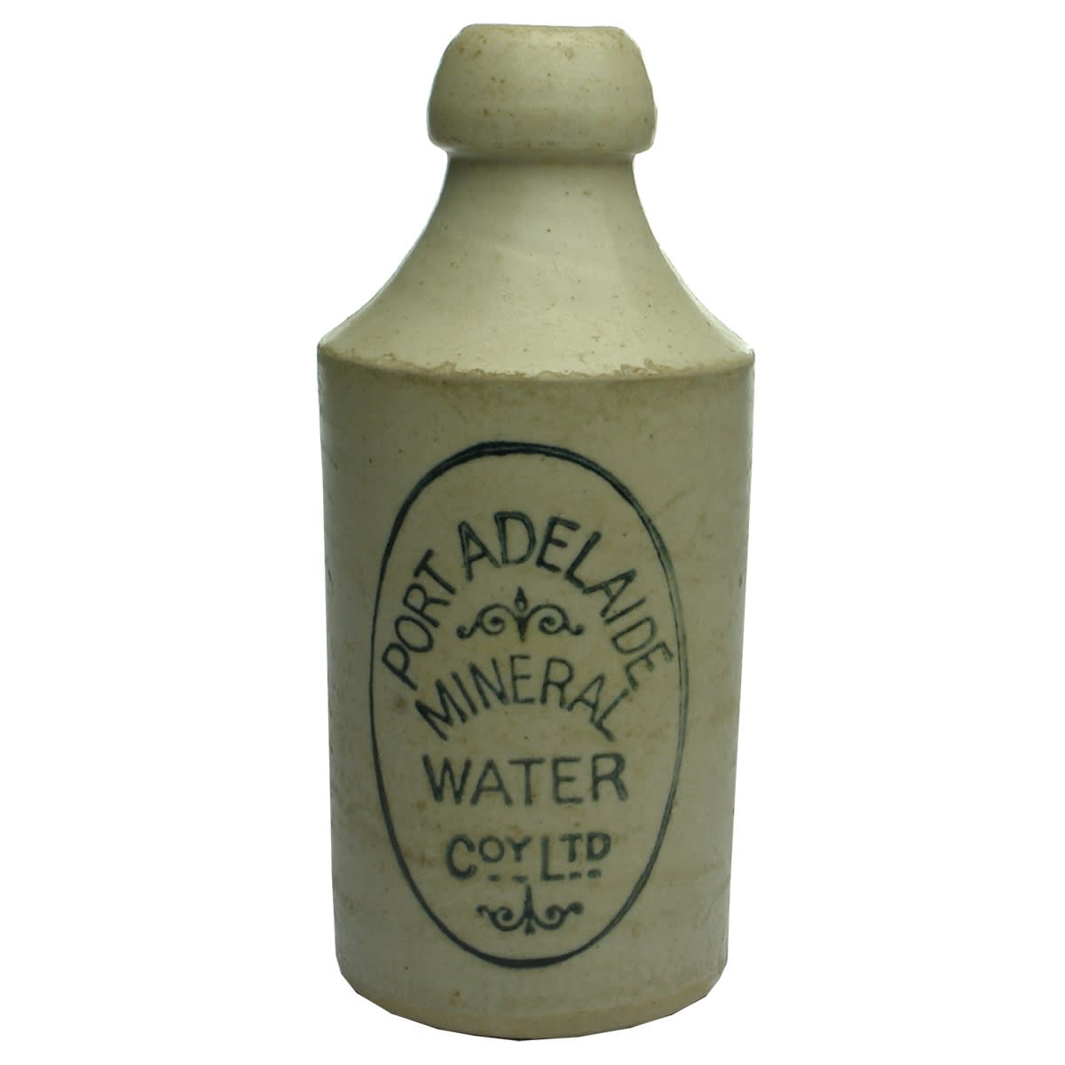 Ginger Beer. Port Adelaide Mineral Water Co. Dump. All White. 10 oz. Bendigo Pottery. (South Australia)