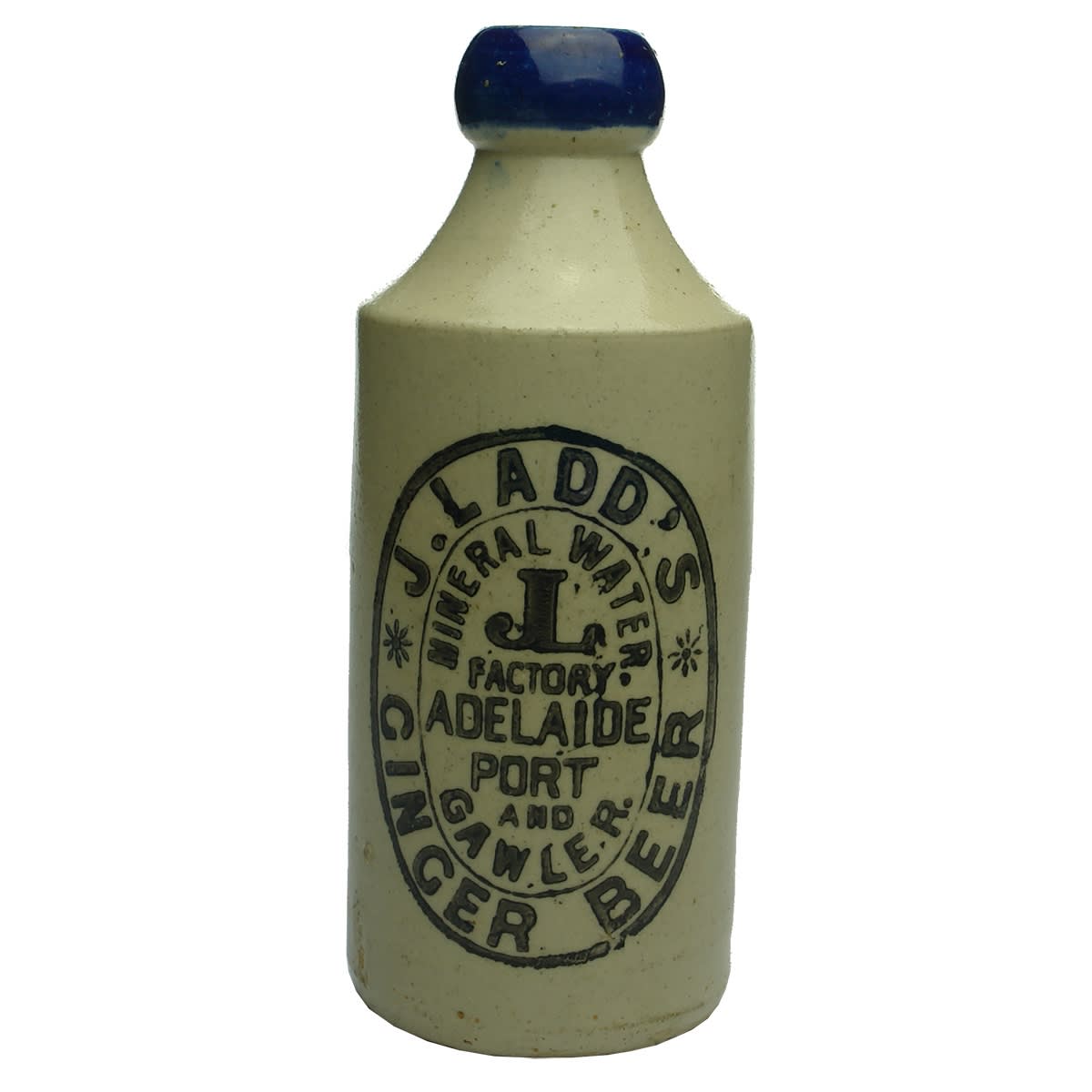 Ginger Beer. J. Ladd's, Adelaide, Port and Gawler. Cork stopper. Blue Lip. Mauri Bros & Thomson. 10 oz. (South Australia)