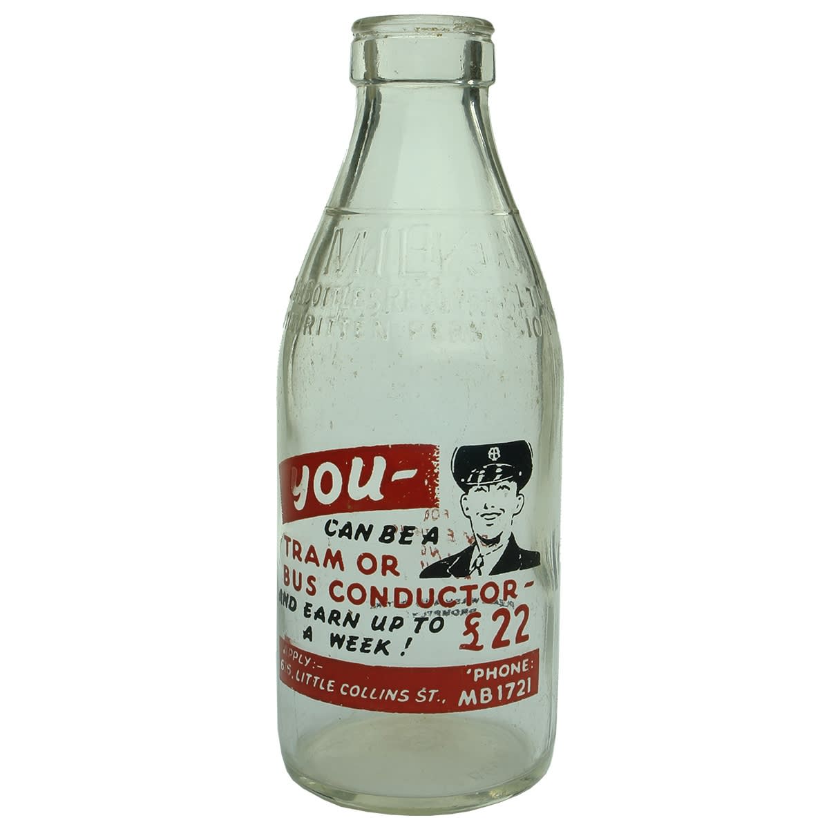 Ceramic Label Advertising Milk. You can be a Tram or Bus Conductor. Milk Bottles Recovery. (Victoria)