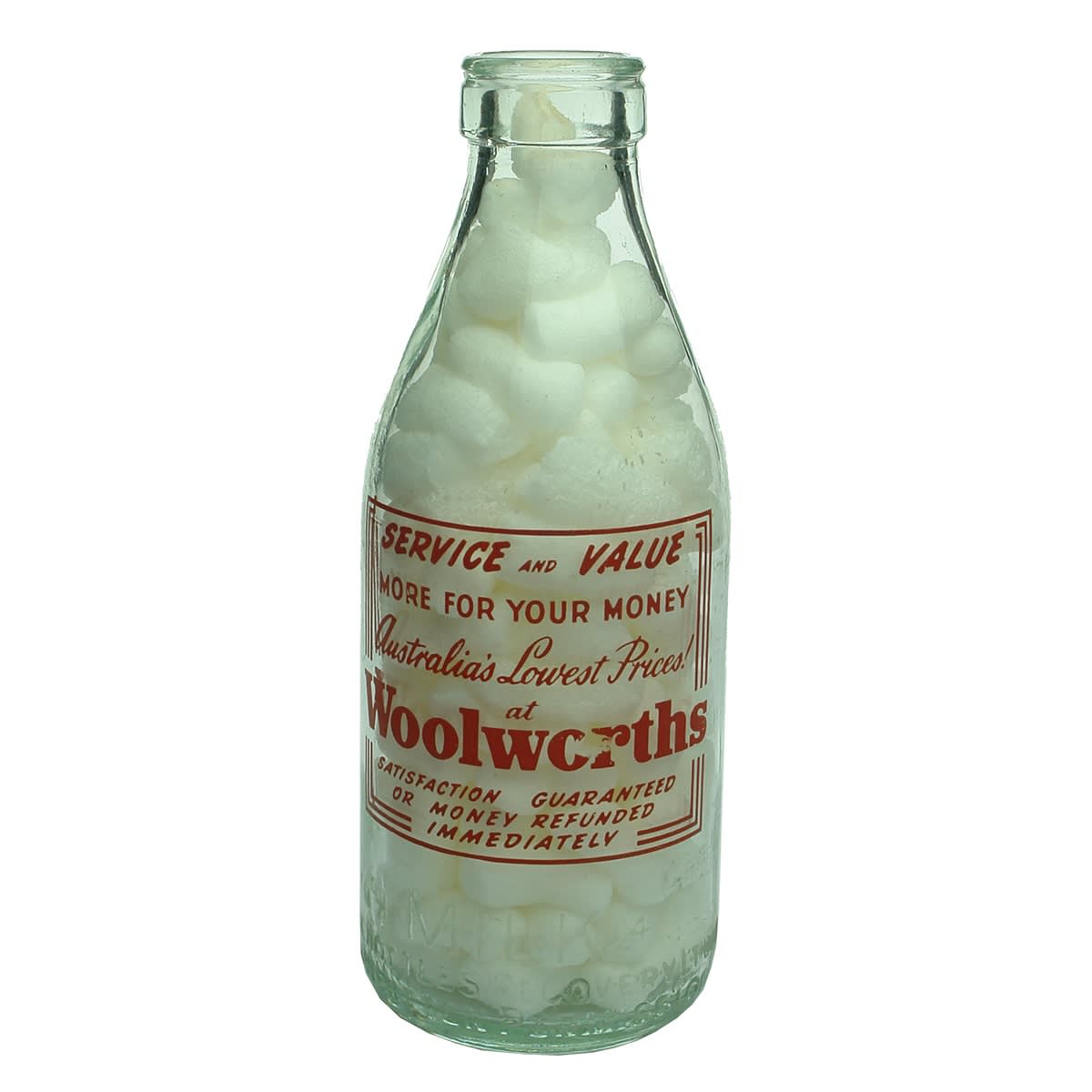 Ceramic Label Advertising Milk. Service and Value. Australia's Lowest Prices. Woolworths. Milk Bottles Recovery. Pint. (Victoria)