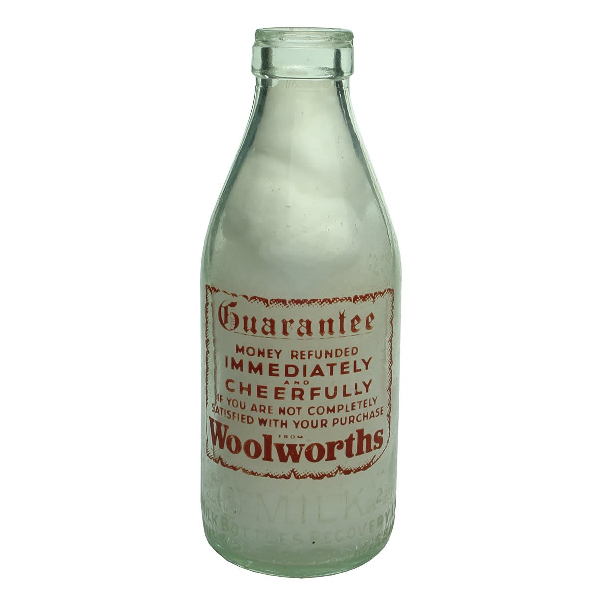 Ceramic Label Advertising Milk. Woolworths Guarantee. Red Print. Milk Bottles Recovery. (Victoria)