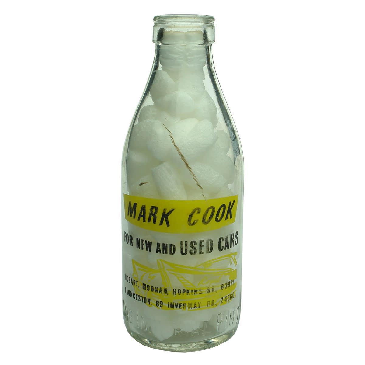 Ceramic Label Advertising Milk. Mark Cook New & Used Cars. Hobart, Moonah, Launceston. Pint. (Tasmania)