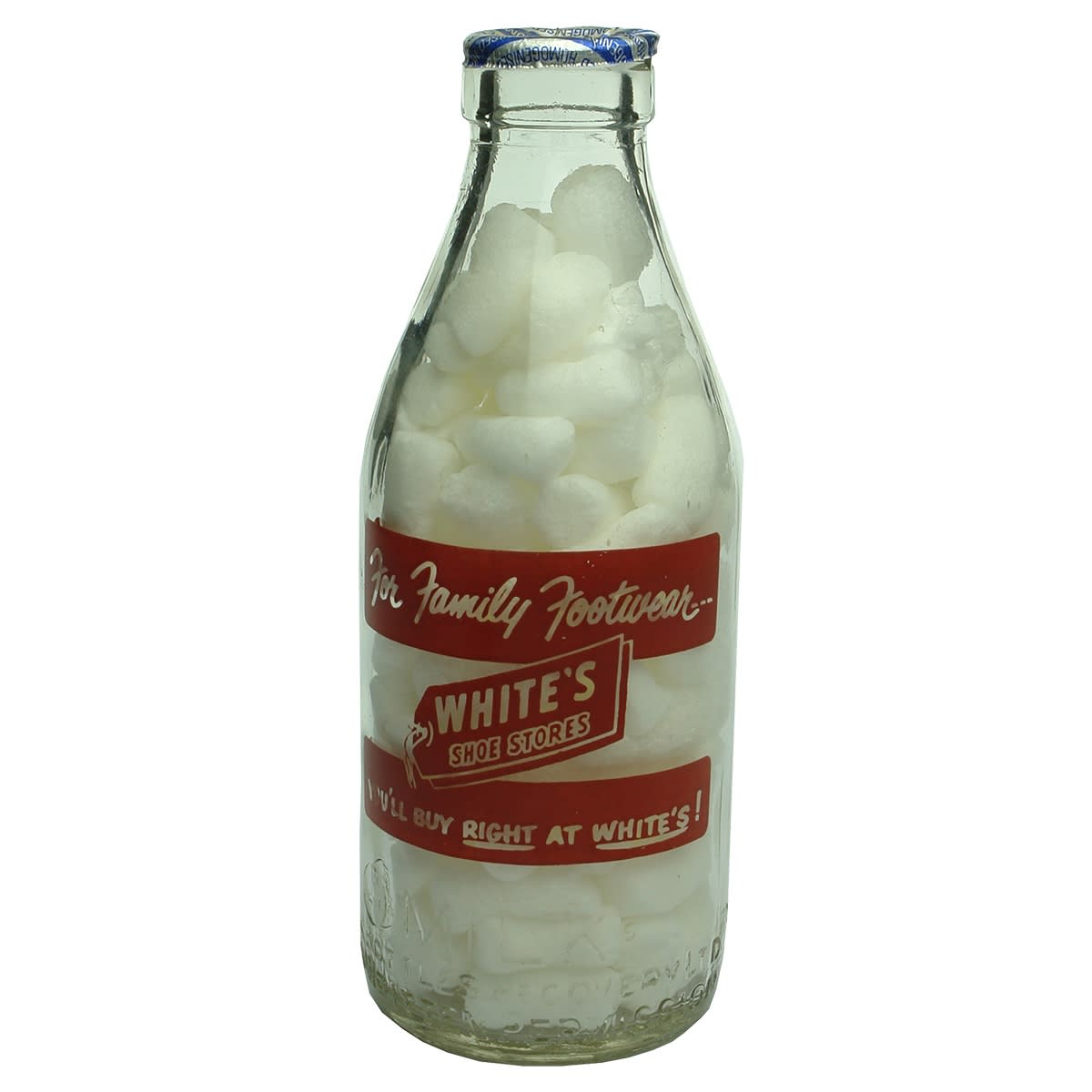 Ceramic Label Advertising Milk. White's Shoe Stores, The Family Footwear. Milk Bottles Recovery. Red Print. (Victoria)
