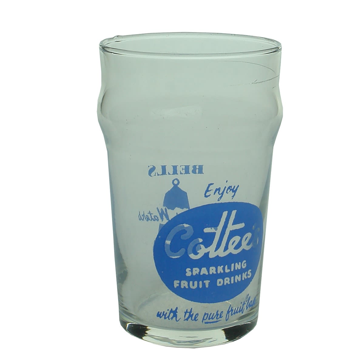 Ceramic Label advertising Glass. Bells Aerated Waters. Cottees Sparkling Fruit Drinks. (New South Wales)