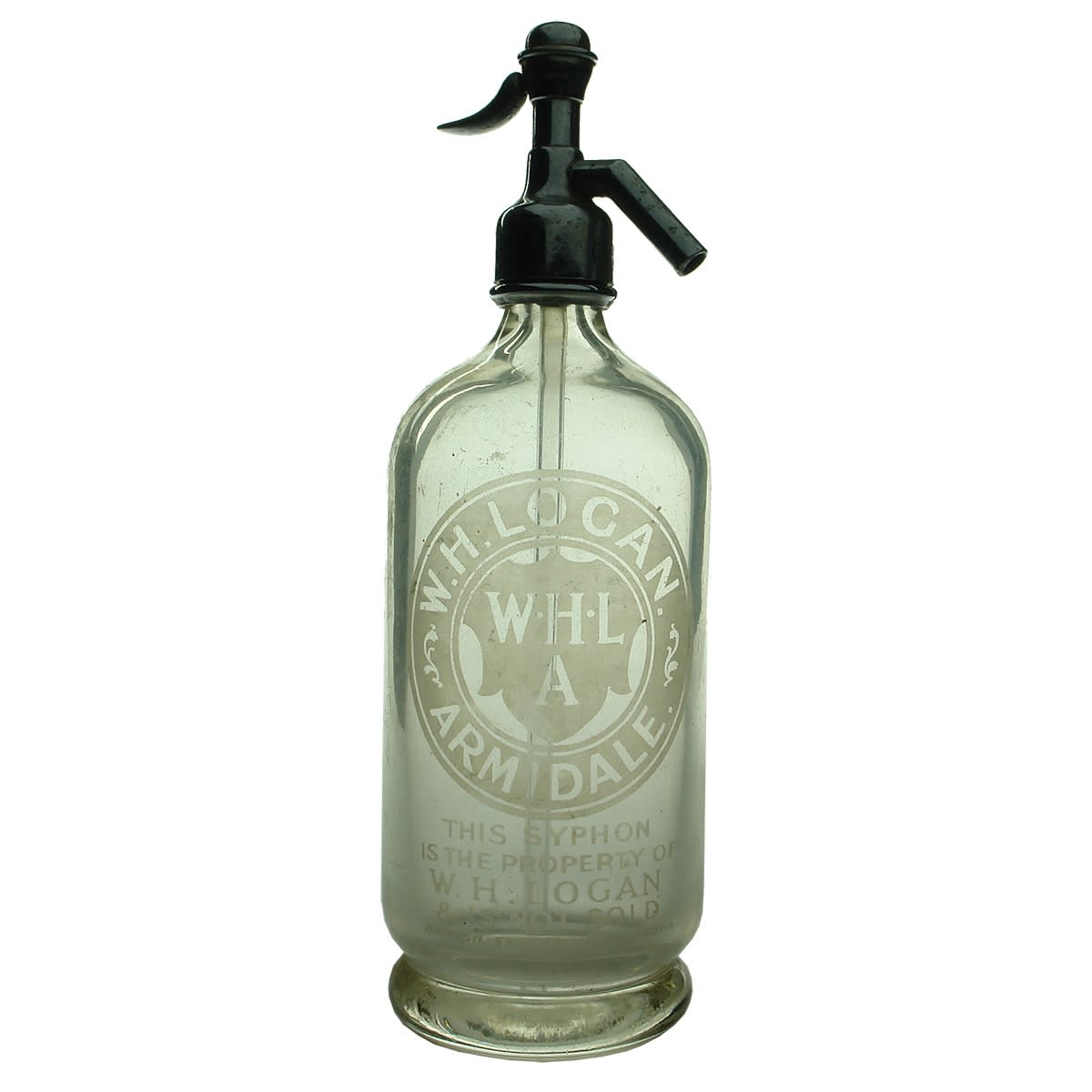 Soda Syphon. W. H. Logan, Armidale. Shield. Original Spout. (New South Wales)