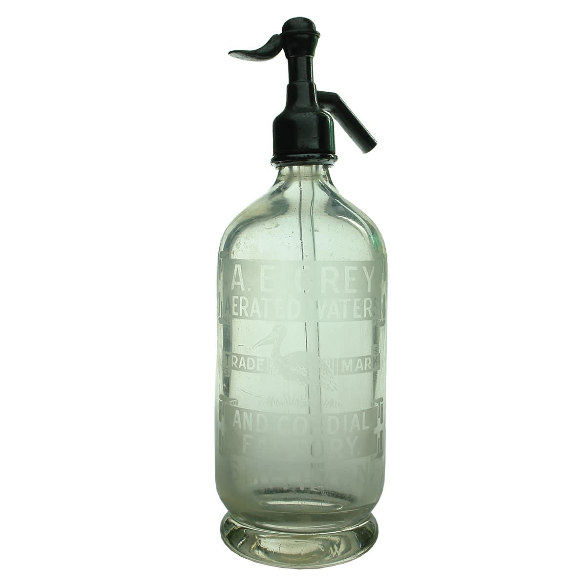 Syphon. A. E. Grey, Smithton. Pelican. Round. Clear. 30 oz. (Tasmania)