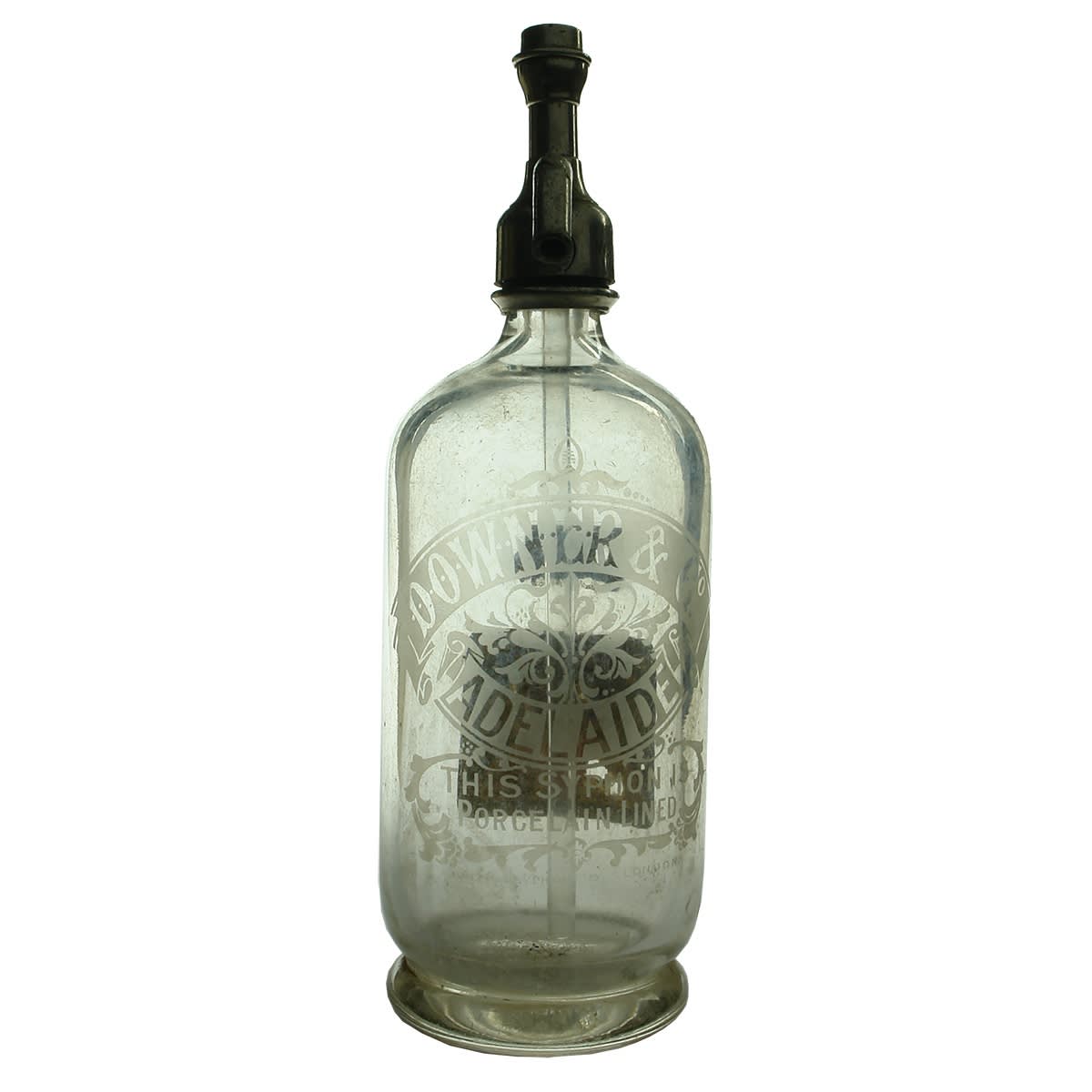 Soda Syphon. Downer & Co., Adelaide. Porcelain Lined. Woodroofe spout and labels. Clear. 30 oz. (South Australia)