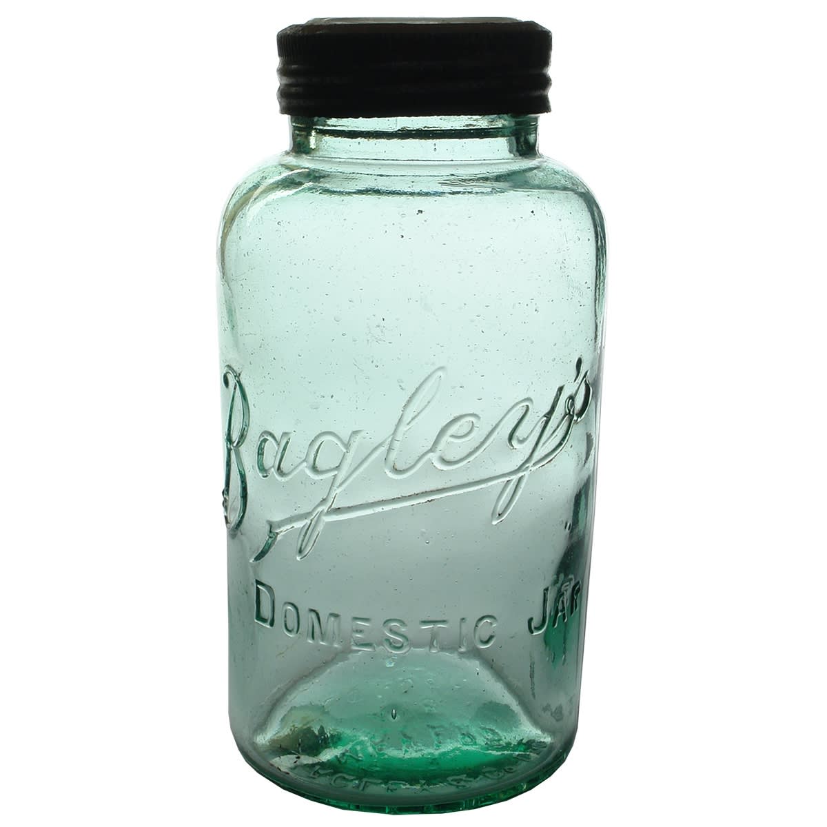 Fruit Jar. Bagley's Domestic Jar. Bagley & Co Ltd London & Knottingley. Aqua. Half Gallon. (UK)