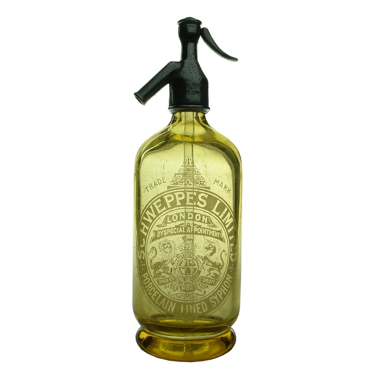 Soda Syphon. Schweppes Limited. Yellow Amber. Original Metal Schweppes spout.