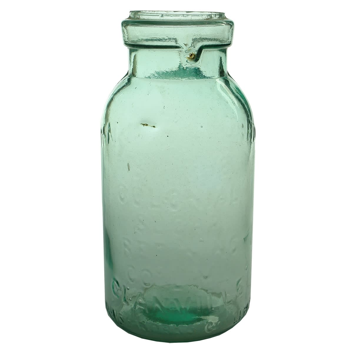 Fruit Jar. Colonial Sugar Refining Co., Glanville. Ground lip. Aqua. Quart. (South Australia)