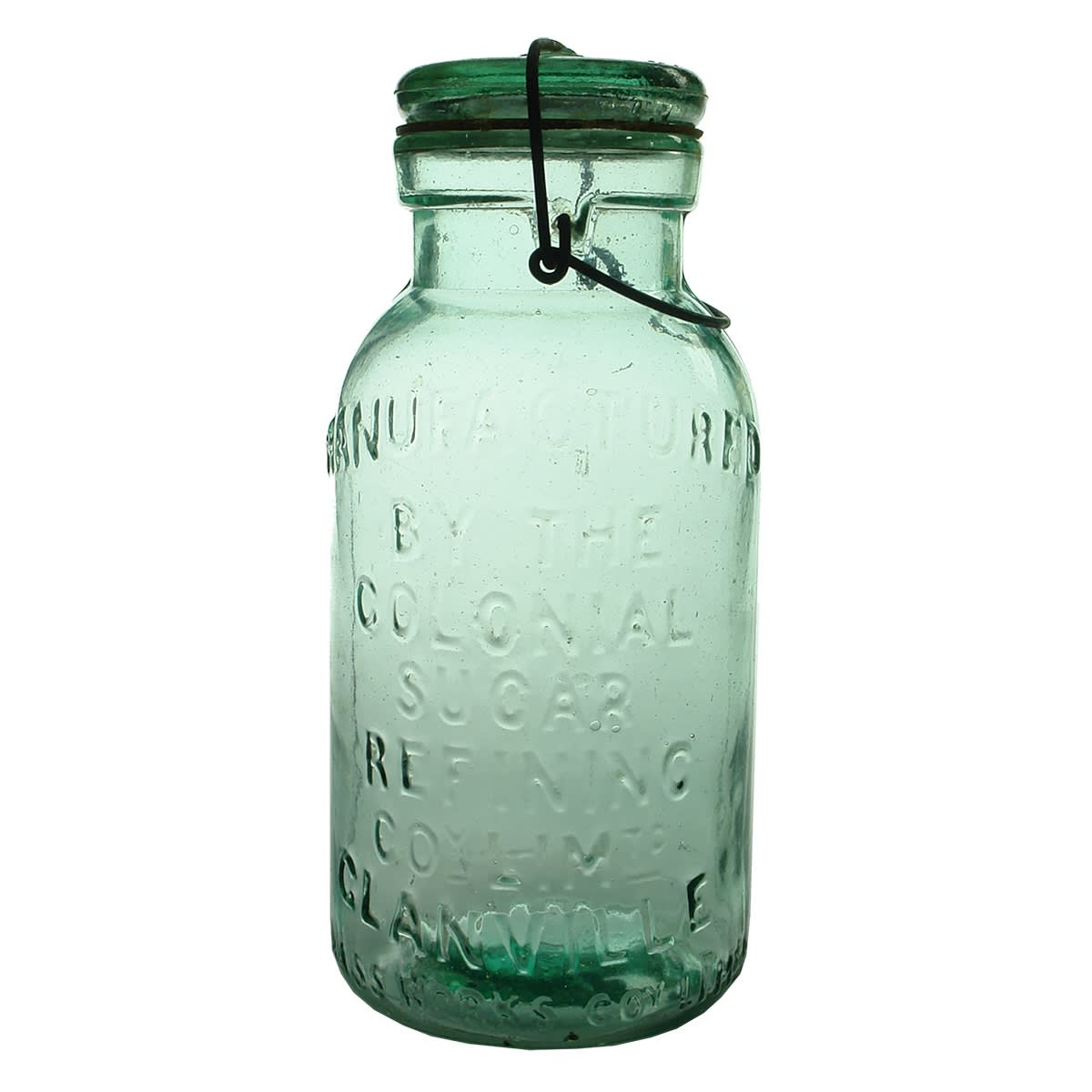 Fruit Jar. Colonial Sugar Refining Co., Glanville. Ground lip. Aqua. Quart. (South Australia)