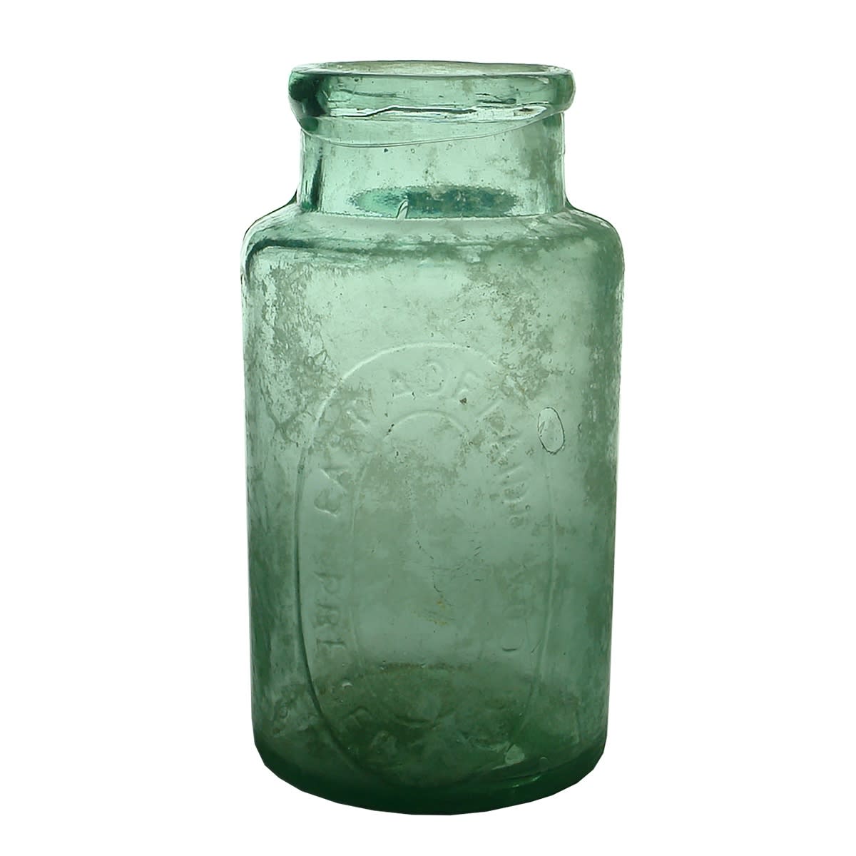 Jam Jar. East Adelaide Preserving Coy. Aqua. 2 Pound. FBH to heel. (South Australia)
