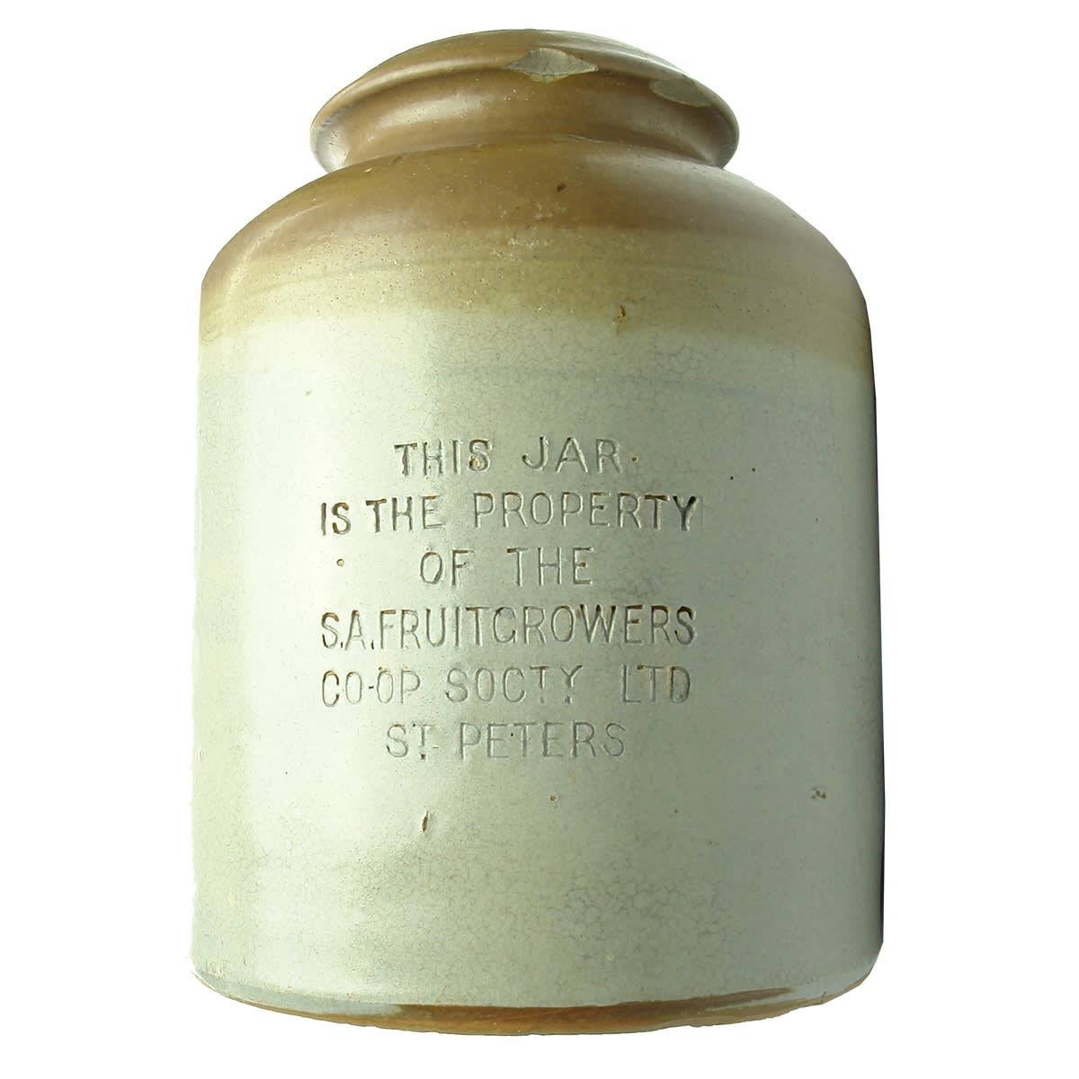 Jar. S. A. Fruitgrowers Co-Op Socty Ltd, St Peters. Jam. 1 Gallon. (South Australia)