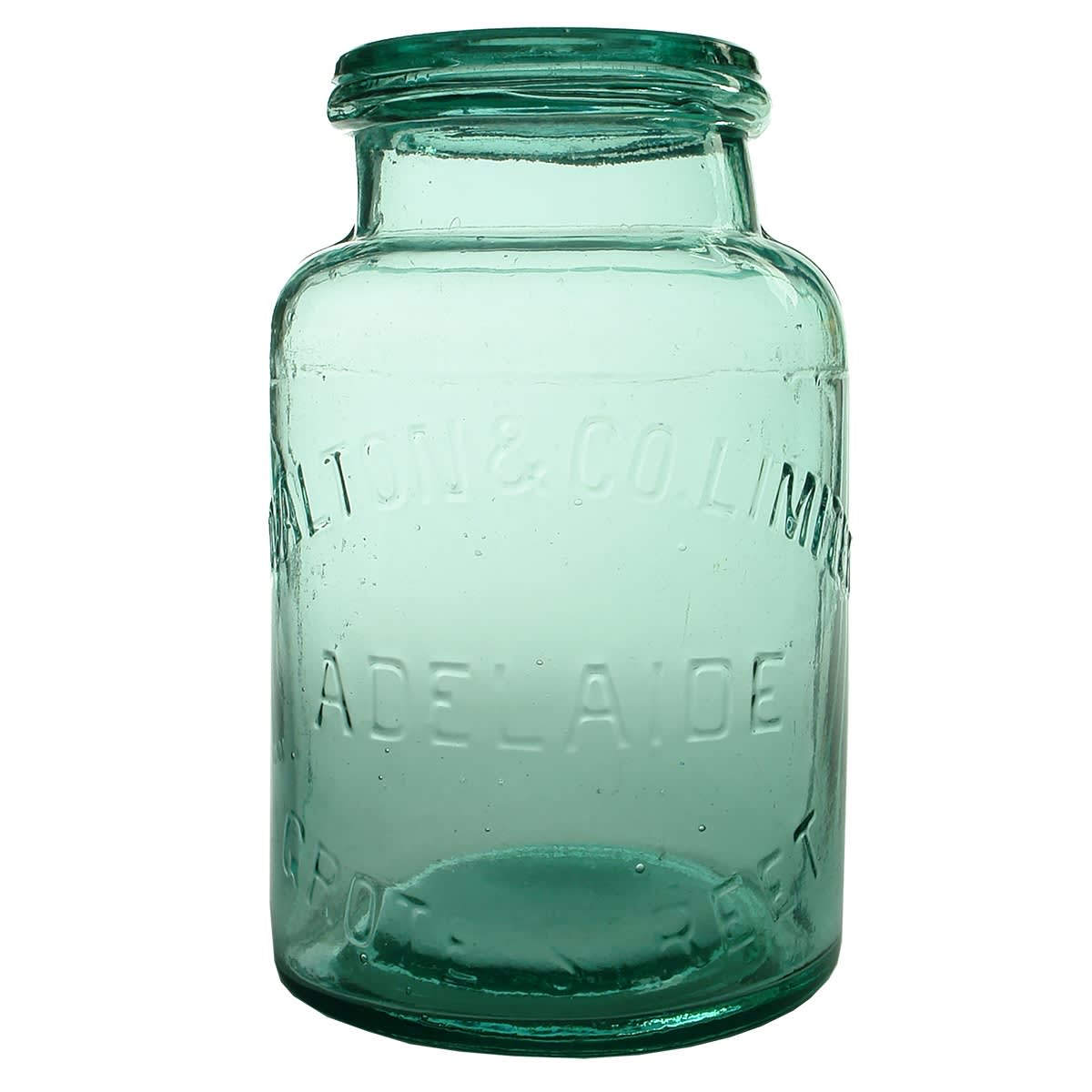 Lolly Jar. A. Walton & Co Limited, Grote Street, Adelaide. Aqua. Half Gallon. (South Australia)
