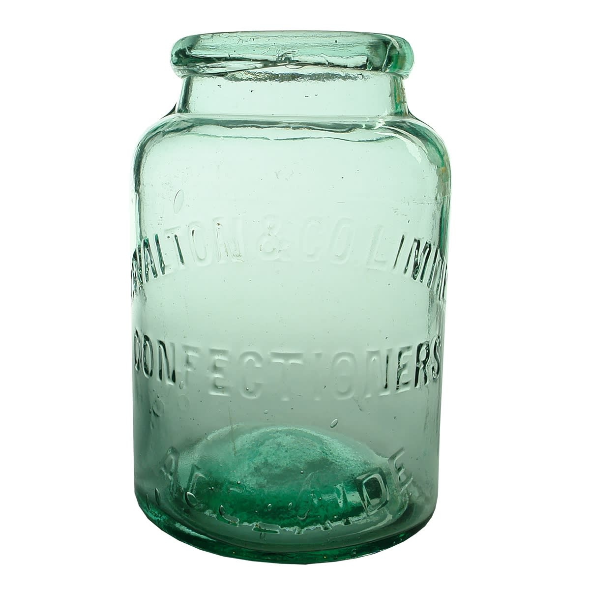 Lolly Jar. A. Walton & Co Limited, Confectioners, Adelaide. Aqua. Half Gallon. (South Australia)