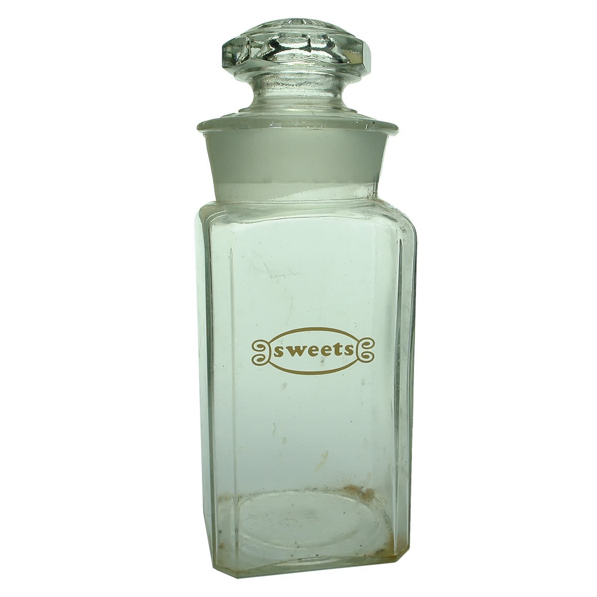 Large Lolly jar. Original fancy stopper. sweets in enamel like print to the front. Trident base mark.