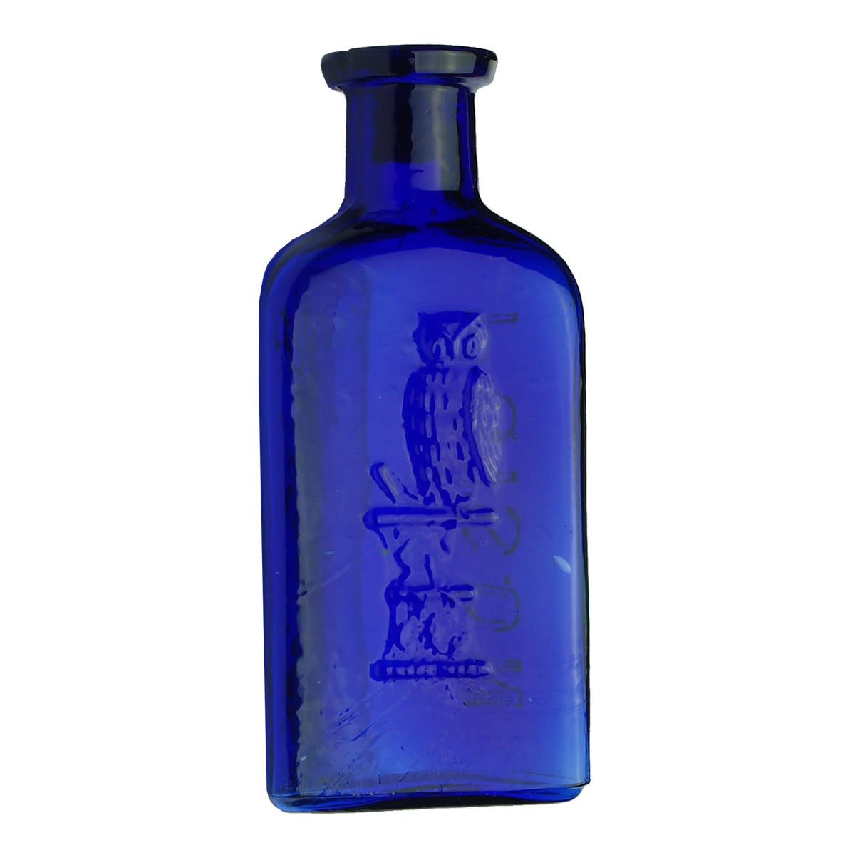 Poison. The Owl Drug Co. One Wing. Triangular. Cobalt Blue. 3rd smallest of eight in this auction. 110 mm. (USA)