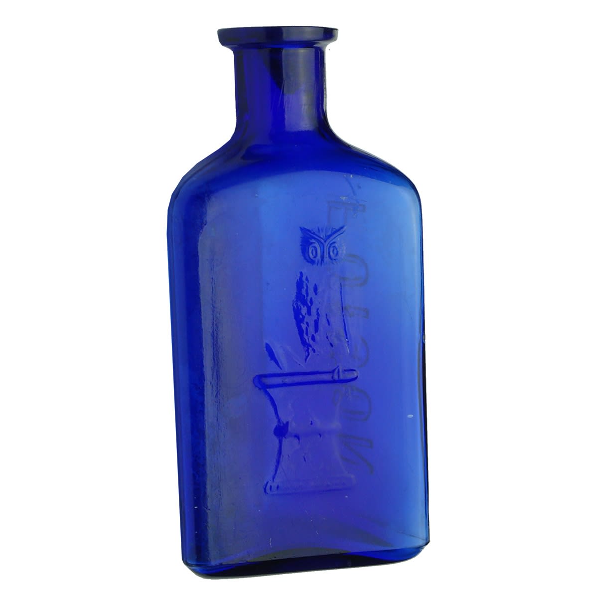 Poison. The Owl Drug Co. One Wing. Triangular. Cobalt Blue. 4th largest of eight in this auction. 128 mm. (USA)