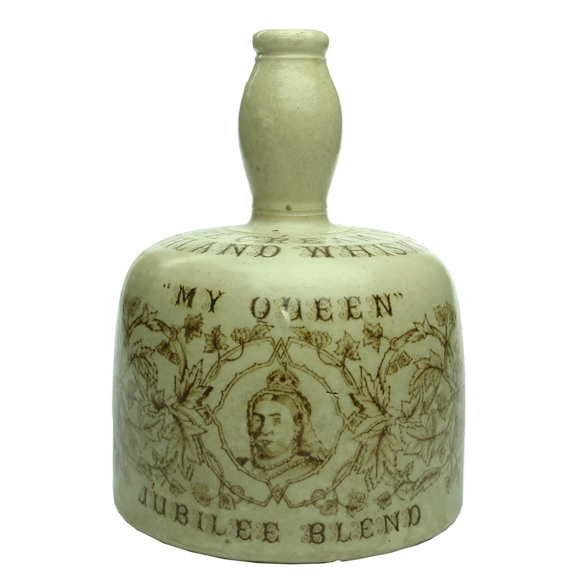 Whisky Jug. My Queen Jubilee Blend. Thom & Cameron Limited, Glasgow. Mallet Shaped. Sepia Print. 1 Quart. (United Kingdom)