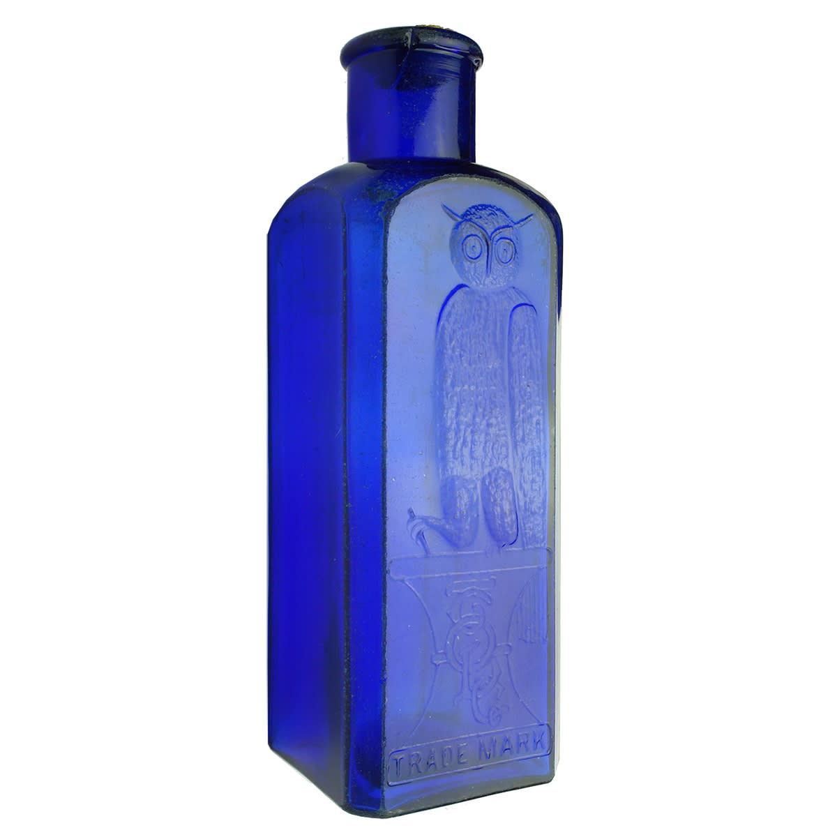Medicine/Poison. The Owl Drug Co. One Wing. Cobalt Blue. Very large Square. Whitall Tatum. 240 mm. (USA)