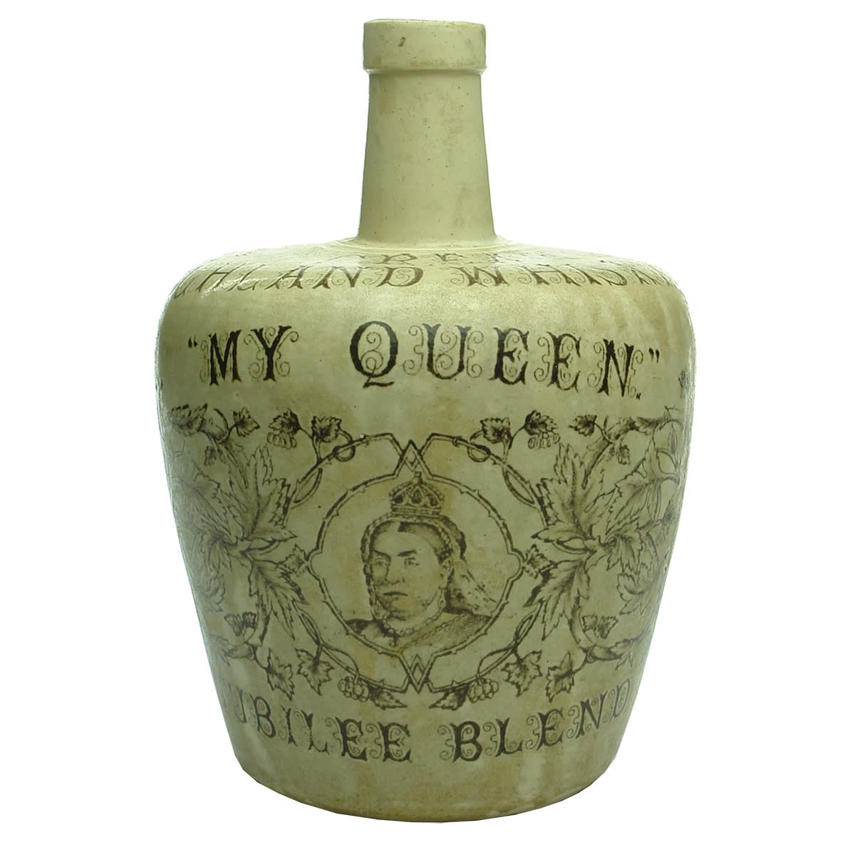 Whisky Jug. My Queen Jubilee Blend. Thom & Cameron Limited, Glasgow. Sepia Print. 1 Quart. (United Kingdom)