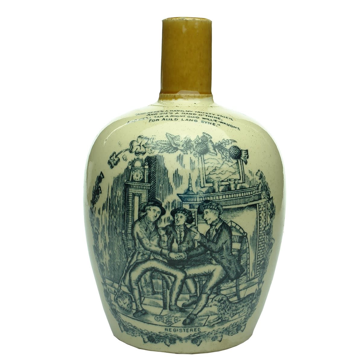 Whisky Jug. Auld Lang Syne. Men drinking and shaking hands at a table. H. Kennedy, Glasgow.