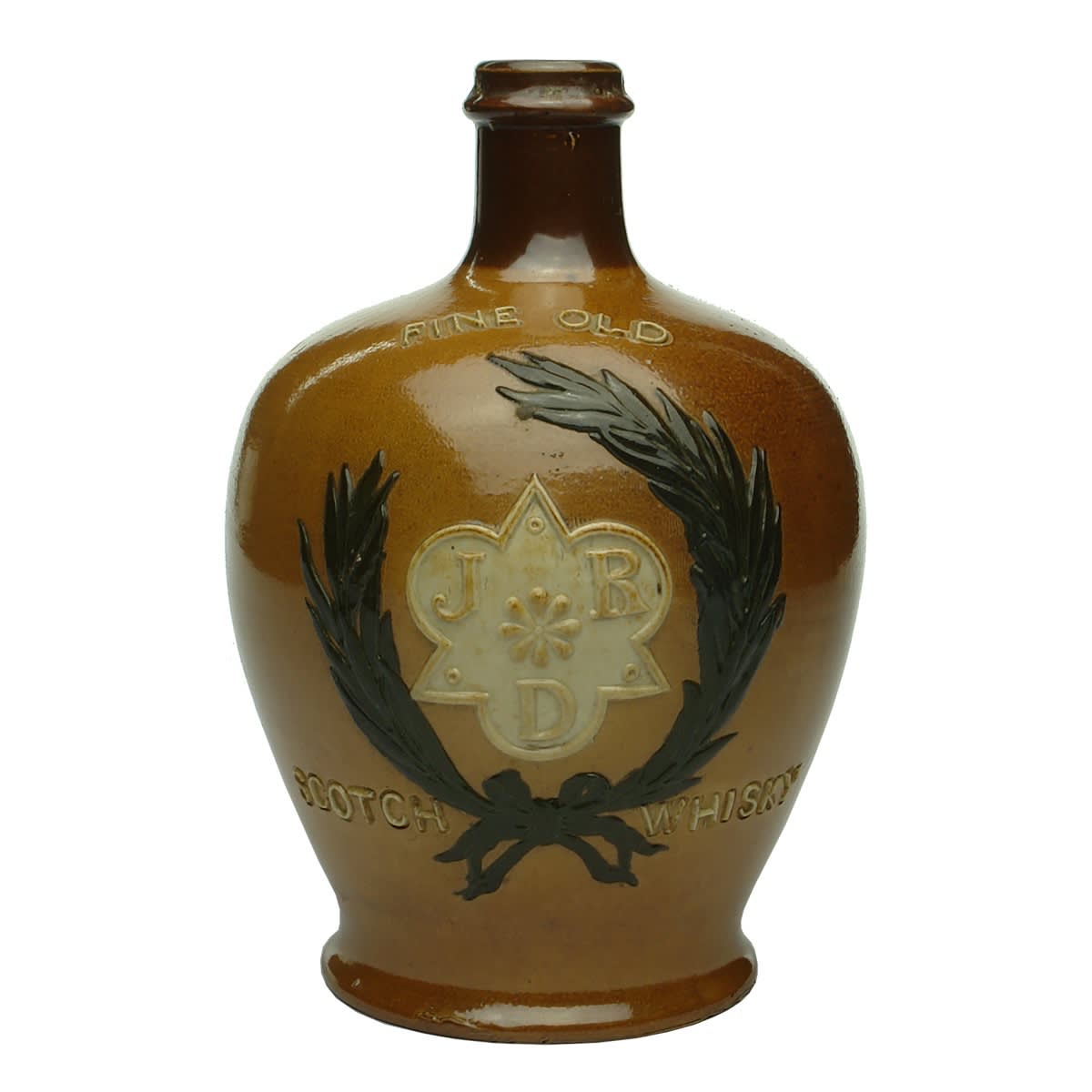Whisky Jug. (John Robertson, Dundee). Salt glaze with applied decoration. Royal Doulton.
