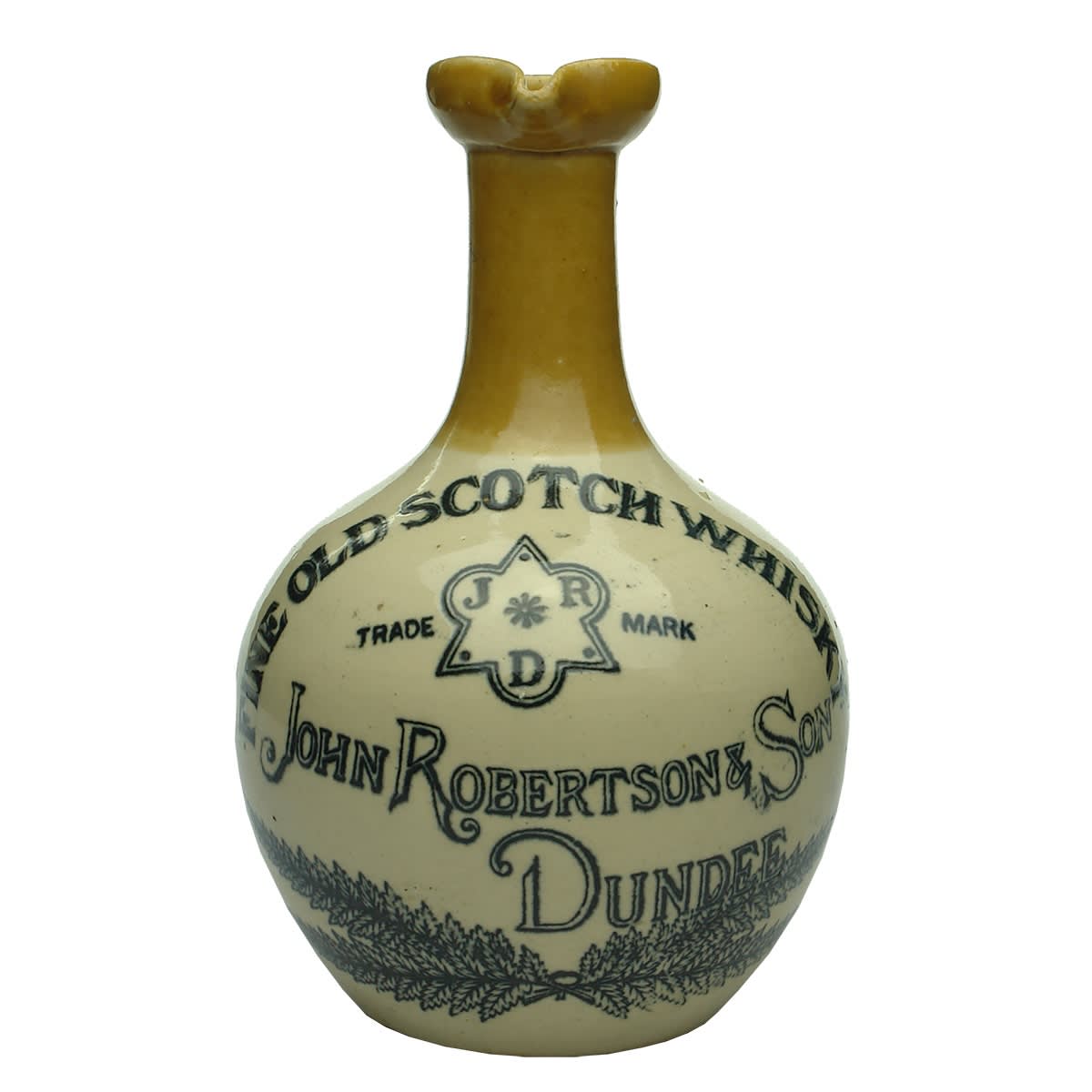 Whisky Jug. John Robertson & Son, Dundee. Handled jug with pouring lip. Tan top. Small size.