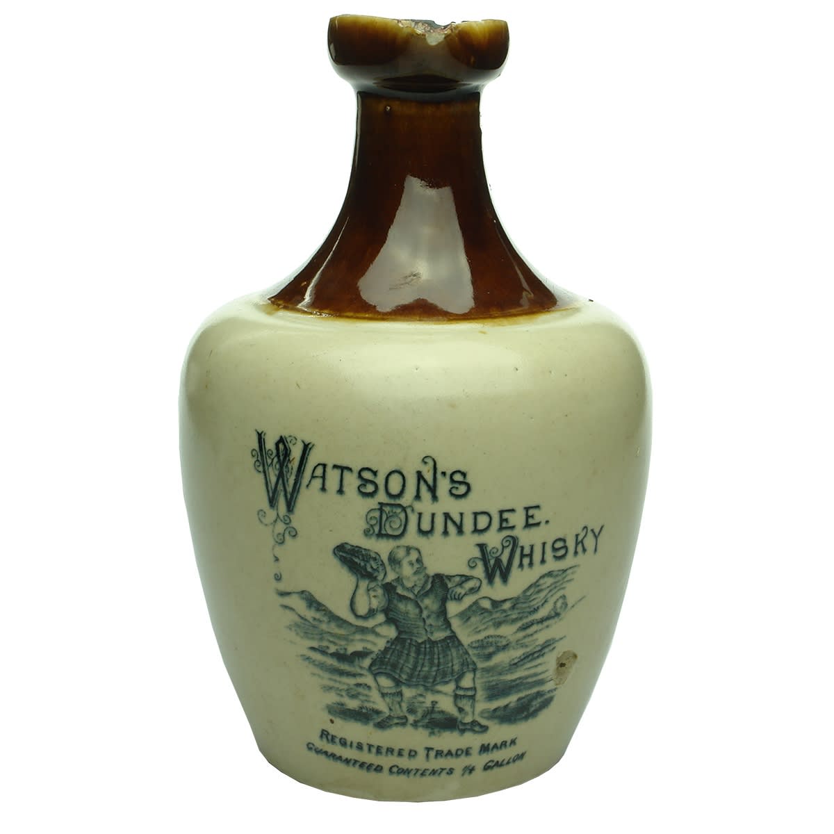 Spirits. Whisky Jug. Watson's Dundee Whisky. Scotsman throwing a stone.