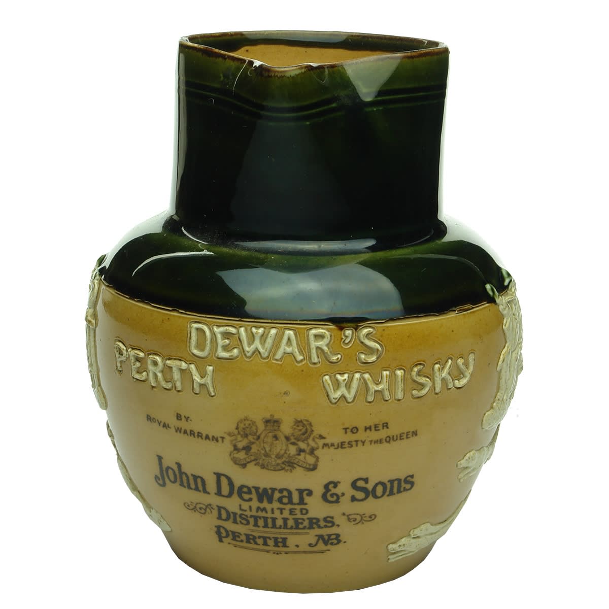 Spirits. Whisky Water Jug. Dewar's Perth Whisky. Doulton Lambeth. Raised decoration.