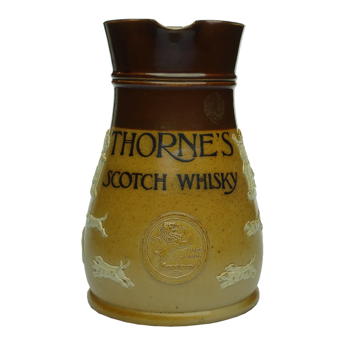 Whisky Water Jug. Thorne's Scotch Whisky. Doulton Lambeth. Raised sprig decoration.