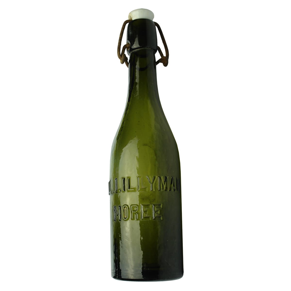 Lightning Stopper. J. L. Lillyman, Moree. Original wire stopper (not printed). Dark Green. Long neck. 13 oz. (New South Wales)