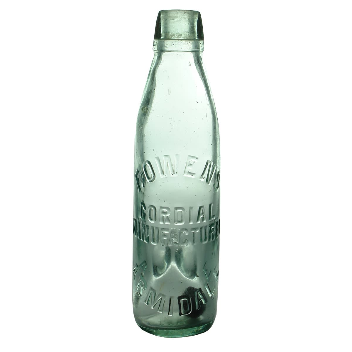 Patent. F. Owens, Cordial Manufacturer, Armidale. Aqua. 10 oz. 2 Dimples near base. (New South Wales)