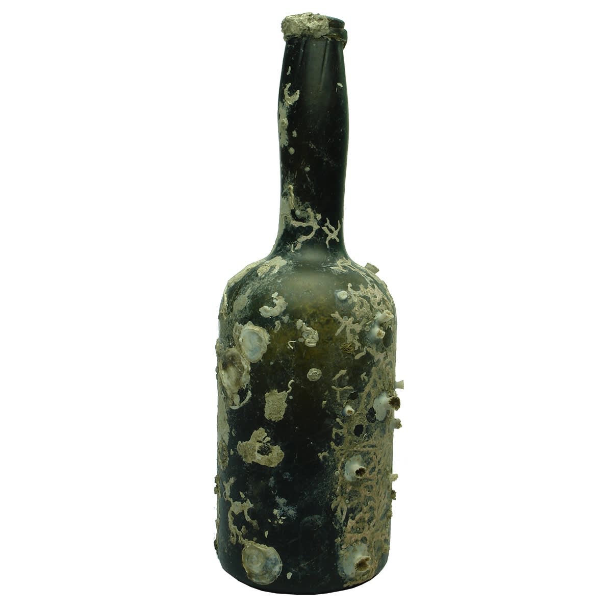 Early Glass. Long Neck Black Wine. Barnacles. Pontil. Black. c.1760.