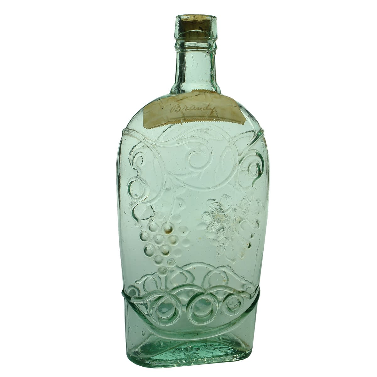 Spirits. Grape Flask, Registered, E C Initials. Brandy Label. Aqua. 1 Pint. (United Kingdom)
