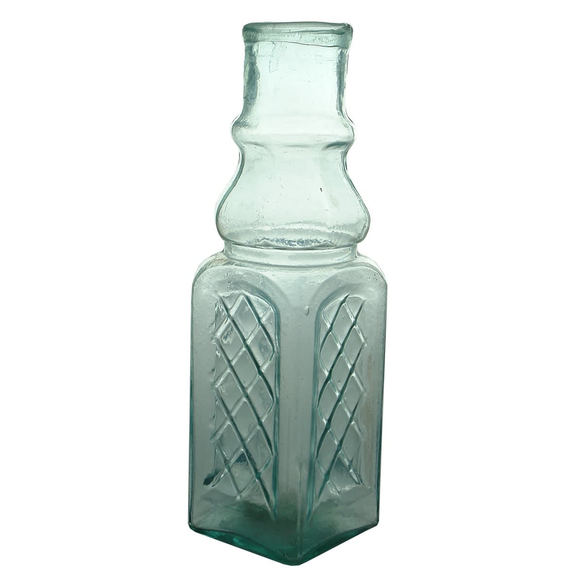 Goldfields Pickle or Honey. Blue Aqua. Small type with cross hatched panels bulbous neck. Tube pontil scar to base.